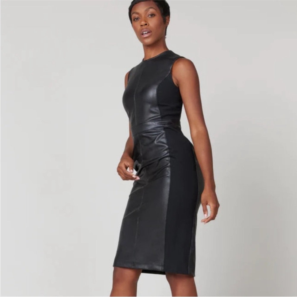 Spanx Chic Leatherr-Like Combo Fitted Dress. NWT! SP. Easy Wear and Easy Care!